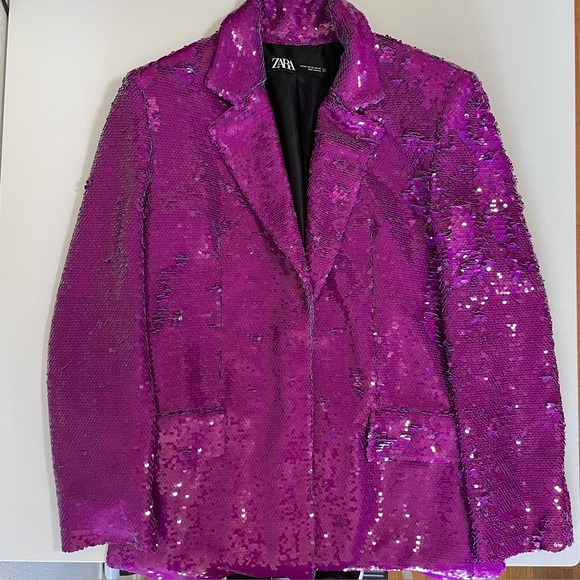 Zara Sequin Blazer Notch Lapel Oversized Jacket Purple Fuchsia XS - Picture 12 of 15